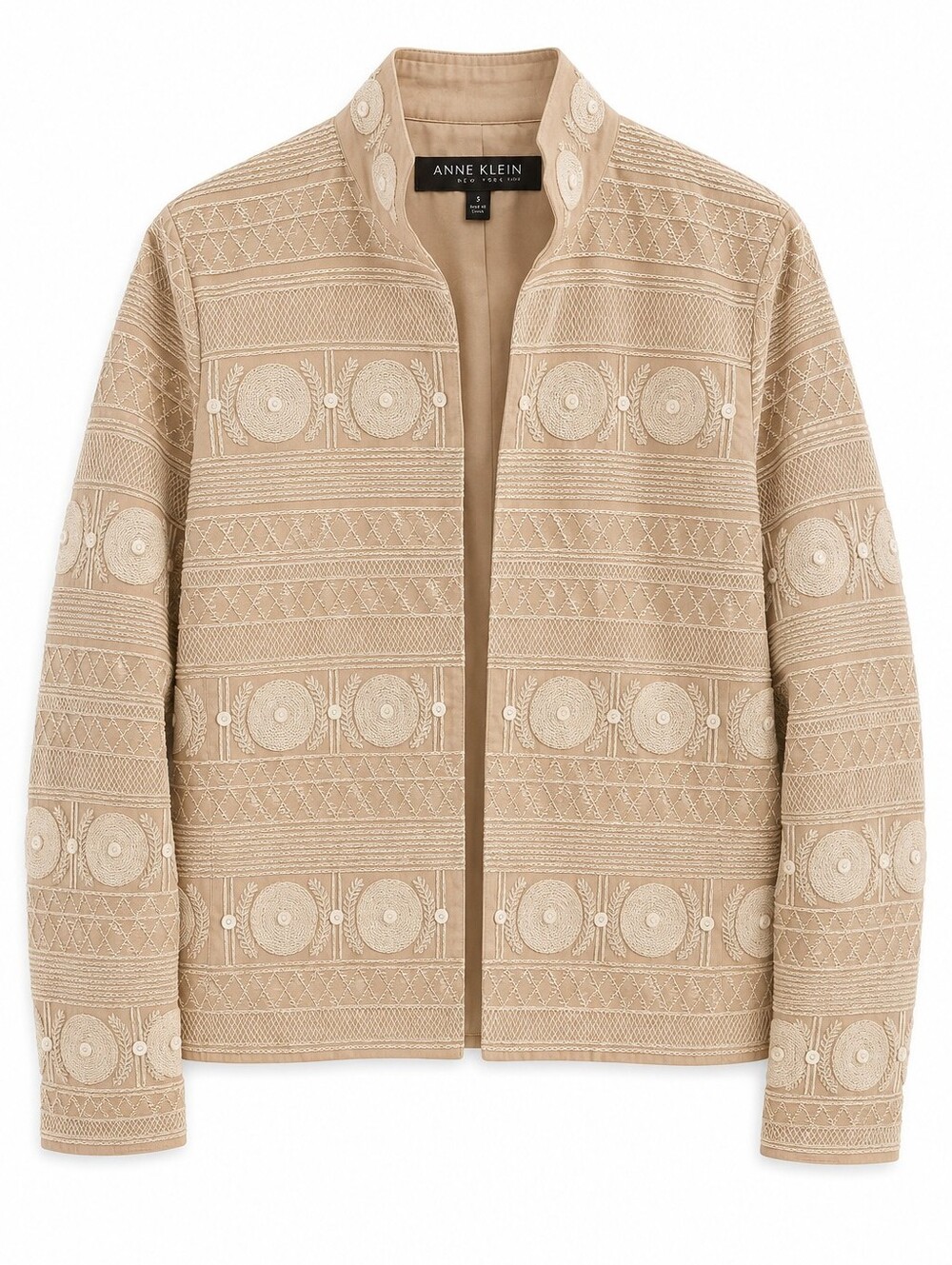Anne Klein Embroidered Open Front Canvas Jacket Beige Cream, 6, Coastal